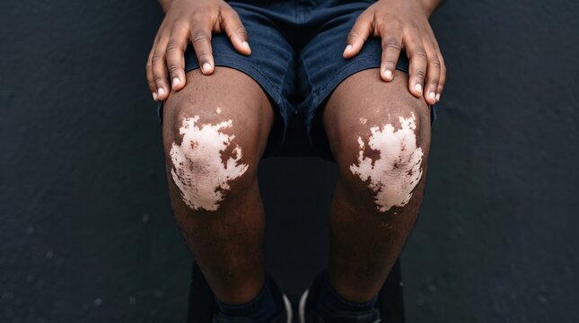 Front view of vitiligo depigmentation white patches on child knees