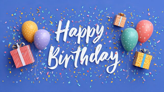 A colorful celebration scene with balloons and gifts on a blue background for a birthday