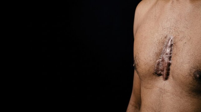 Close up of hypertrophic keloid scar on male chest skin against black background