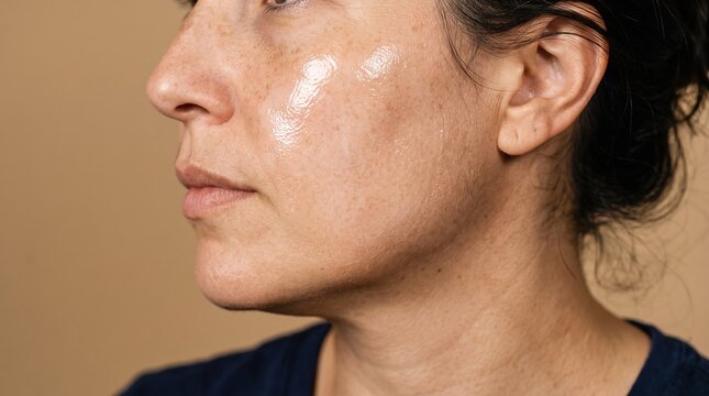 Profile view of woman face with shiny oily cheek skin texture