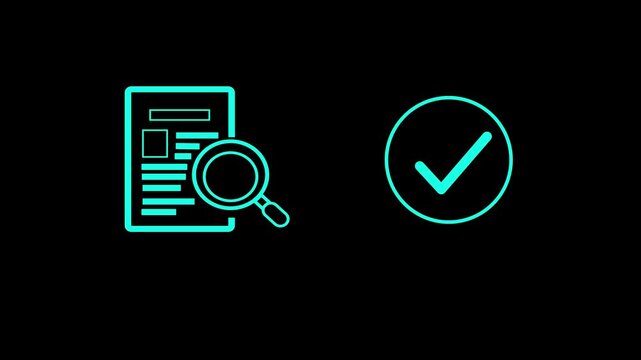 Document icons with magnifying glass and Circle with Check mark isolated on transparent background