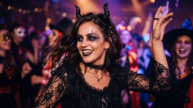 Happy young woman in devil costume enjoying a lively Halloween party with friends.
