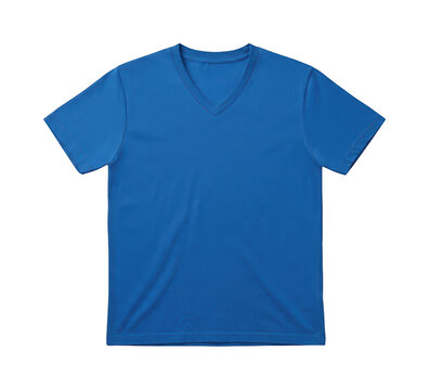 Blue v-neck cotton shirt isolated on transparent background for mockup