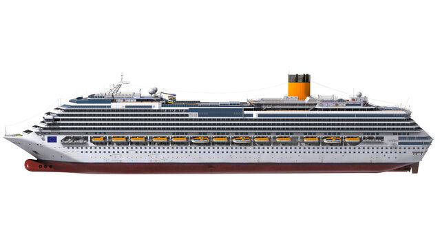 3D render of a large modern luxury cruise ship in side profile view, isolated on transparent background. Clean generic ocean liner template for travel and tourism marketing.