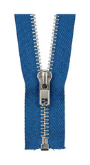 One blue textile zipper with metal slider isolated for garment design © siam
