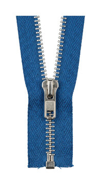 One blue textile zipper with metal slider isolated for garment design
