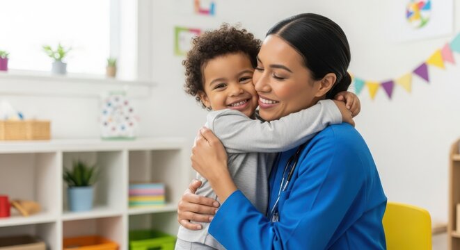 Joyful Toddler Hugging a Smiling Healthcare Professional in a Bright, Welcoming Setting