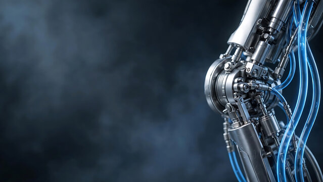 Futuristic Robotic Cybernetic Leg Joint Mechanism with Blue Glowing Cables