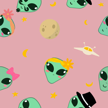 Cute Green Alien and Space Seamless Pattern on Pink on Pink Background
