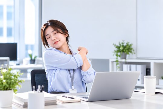 사무실에서 목과 어깨를 스트레칭하는 한국인 여성 직장인Generating AI
