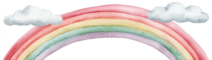 Obraz premium A colorful hand-drawn rainbow with soft pastel tones stretches between two fluffy clouds against a white background, hand drawn kid friendly background
