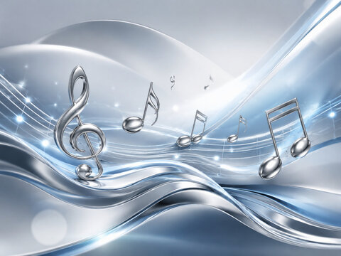 Elegant silver music notes floating over smooth metallic blue and white waves in a luxurious abstract composition.