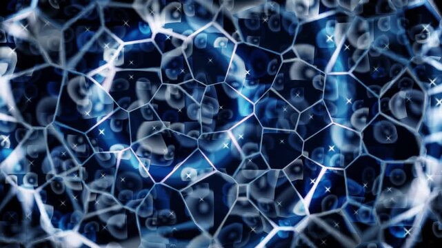 Abstract blue cellular mesh motion background with glowing digital network lines