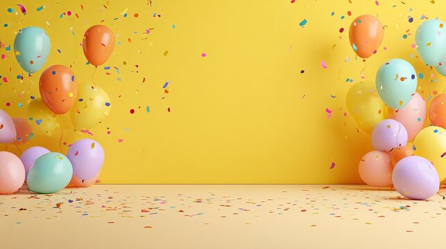 A vibrant yellow background with colorful balloons and confetti scattered everywhere celebrating a joyful occasion