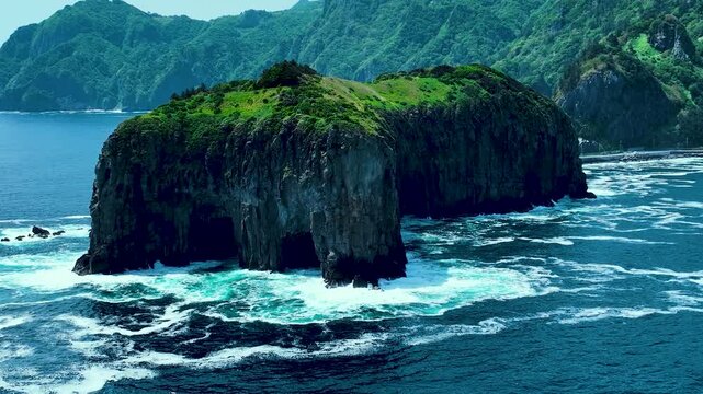 4K drone aerial view of Jukdo Island and dramatic 
cliffs in Ulleungdo, South Korea
