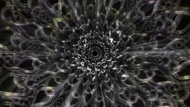 An ornamental vortex of silver lines hypnotic radial composition against black. curves delicate glints center. for experimental video design, immersive projections, psychedelic music visuals. 3d