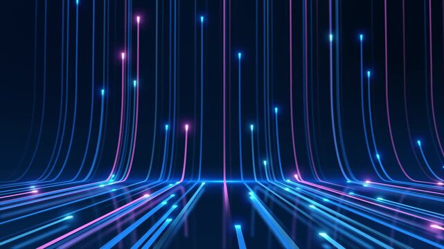 Luminous points trace fine azure magenta pathways across glossy plane into a vertical field. abstract design connected systems. cloud computing stories, digital infrastructure technology branding.