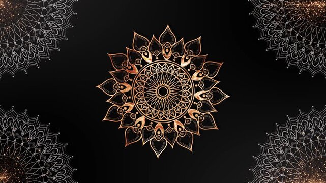 intricate rose gold medallion features layered petals crisp details on black. corner mandalas golden sparkles complete the design. wedding introductions, celebration titles, elegant cultural event
