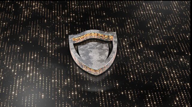 metallic shield gold binary columns visual of information security. Glowing circuit details contrast the black setting. privacy awareness videos, enterprise security branding, and encryption concepts.