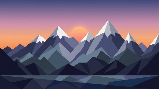 Low-poly sunset mountains with orange sun over dark lake