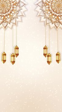 Golden hanging lanterns flank ornate floral mandala corners. Bokeh broad open center for added text. Ramadan greetings, Eid celebration videos, festive invitations, cultural event announcements.