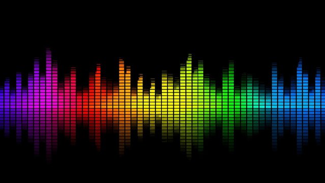 Colorful digital equalizer spectrum displaying audio levels and musical beat frequency on black background