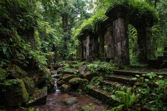 deep rainforest with ancient overgrown temple ruins