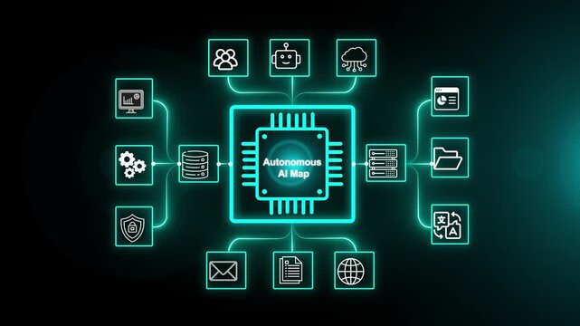Autonomous AI Map & Agentic System Architecture Animation - High-Ranking AI Agent Ecosystem, Neural Network Workflow & Digital Tech Infographic Design