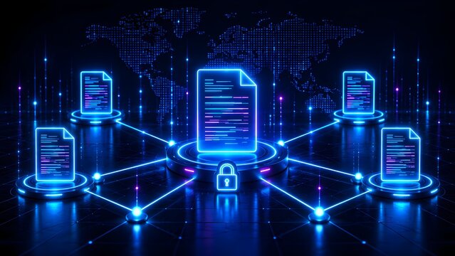Global cybersecurity network concept with encrypted digital document locked by padlock and connected worldwide data nodes