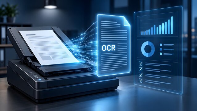 Optical character recognition scanner converting physical document into digital data with glowing ocr text and analytics dashboard