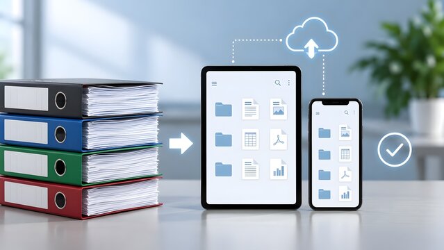 Paperless office transition concept with stack of physical folders transferring data to digital documents on tablet and smartphone with cloud sync