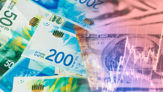 US 100-dollar bill, Israeli new shekel banknotes background with 50 and 200 denominations, stock market index chart with financial numbers data overlay, ILS-USD exchange rate, international economic 