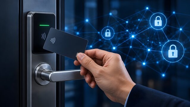 Hand using digital keycard to unlock smart door with glowing cybersecurity network and padlock icons representing access control