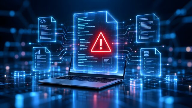 Cybersecurity threat concept with red warning triangle glowing on laptop screen amidst digital documents and binary code networks