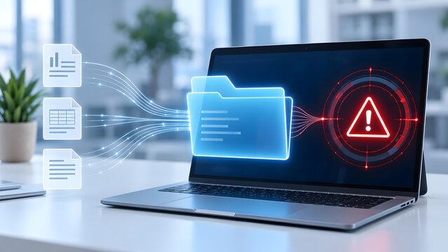 Data vulnerability concept with digital folder transferring files into red alert target on laptop screen in modern office environment