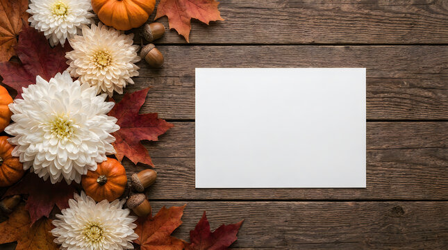 Blank white paper card on rustic wooden background with autumn flowers and colorful fall leaves flat lay
