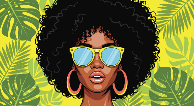 Pop art vector illustration of a stylish young black woman with an afro hairstyle and sunglasses against a tropical palm leaf background