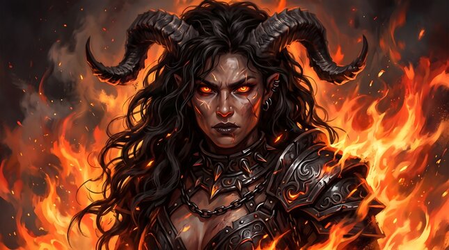 A fierce female demon with dark horns standing amidst a raging inferno of bright orange flames