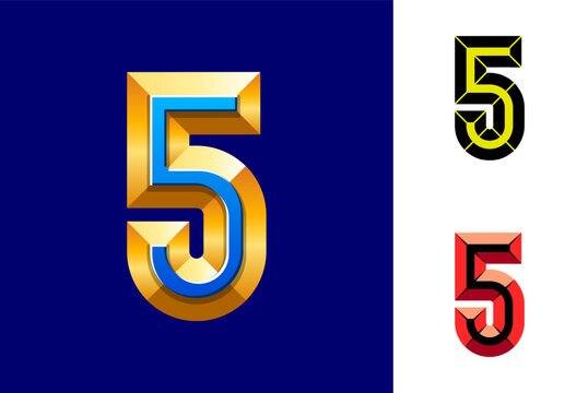 Number 5 made chiseled block, facet numeral five, beveled numeric set, vector illustration 10EPS
