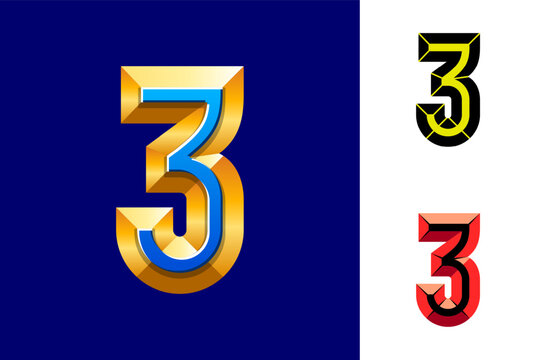 Number 3 made chiseled block, facet numeral three, beveled numeric set, vector illustration 10EPS