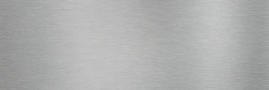 Brushed metal texture background with silver steel finish, industrial aluminum surface with horizontal grain, metallic gray backdrop for tech design, sleek chrome plate for modern headers
