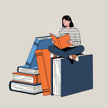 Vector illustration of a woman sitting on large stacked books and reading a book in education and learning concept