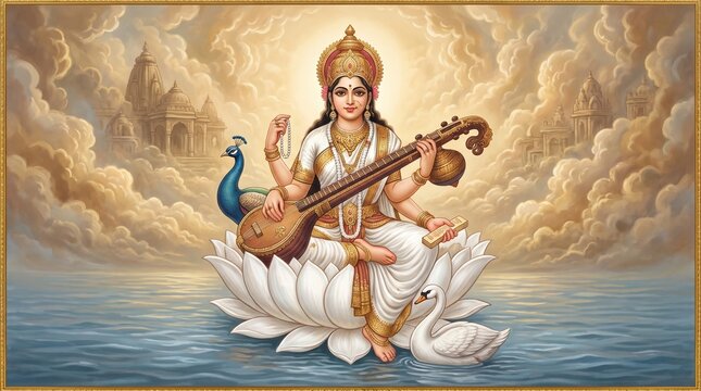 Hindu Goddess Saraswati playing veena on white lotus