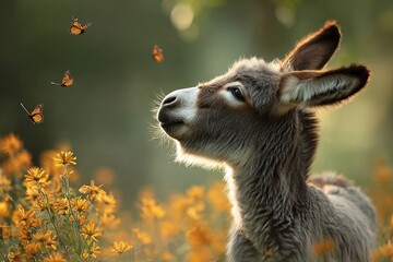 Fototapeta premium donkey foal playing with butterflies in summer meadow
