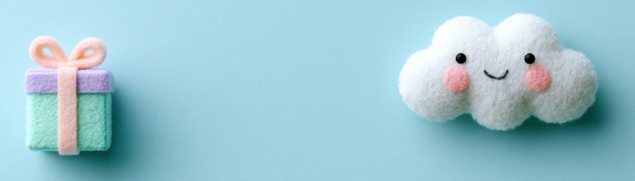 A pastel-colored gift box with a bow sits beside a smiling, blushing cloud on a light blue background, kid celebration banner