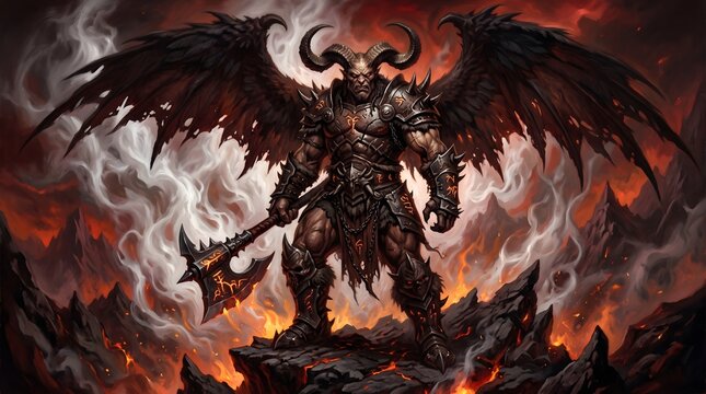 Fearsome horned demon warrior standing in a fiery hellscape holding a battle axe