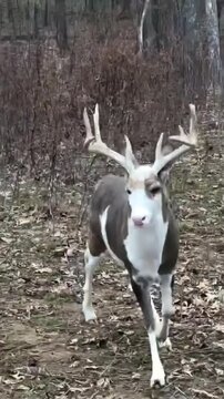 A beautiful white and grey deer running and standing peacefully in a natural environment. Its elegant appearance, soft fur, and graceful posture create a charming wildlife scene.