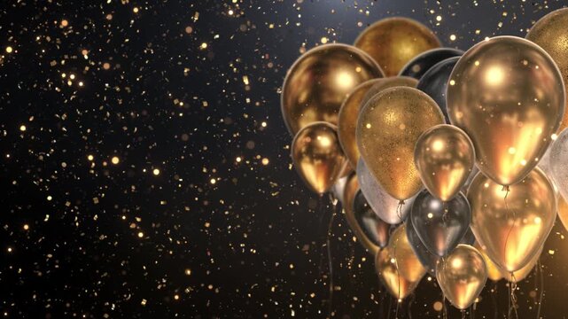 Gold, silver, balloons gather right side background filled golden confetti soft bokeh. Space on left accommodates text. birthday greetings, anniversary videos, party invitations, and festive promos.