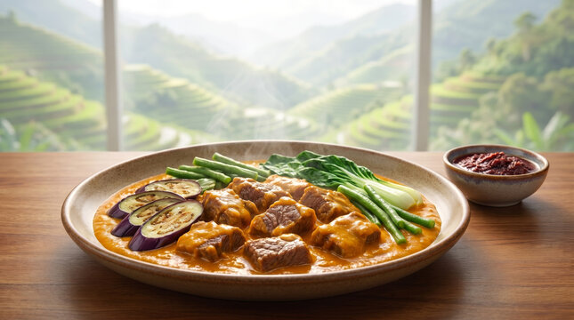 Traditional Filipino Kare-Kare Beef Stew in Peanut Sauce with Scenic Rice Terraces Background