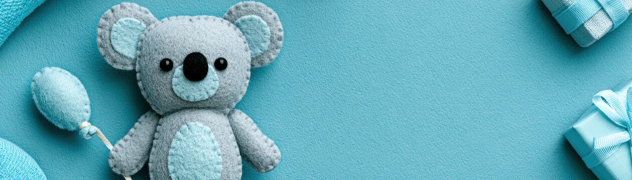 A cute handmade felt koala toy lies on a blue textured background, surrounded by wrapped gifts and baby rattles, a baby shower or newborn celebration, kid celebration banner
